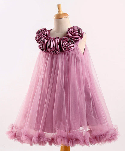 Enfance Sleeveless Rose Applique Solid Dress With Hairband-O.Pink