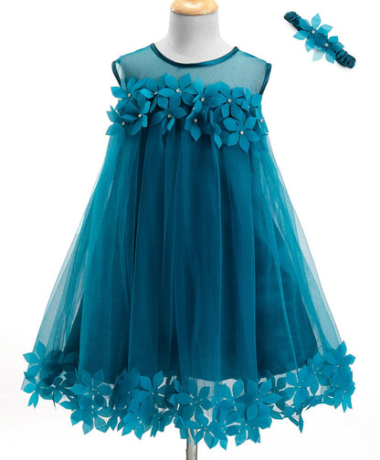 Enfance Sleeveless Flower Applique Solid Dress With Hairband-P.Blue