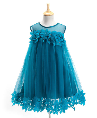 Enfance Sleeveless Flower Applique Solid Dress With Hairband-P.Blue