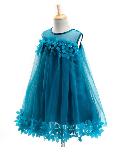 Enfance Sleeveless Flower Applique Solid Dress With Hairband-P.Blue