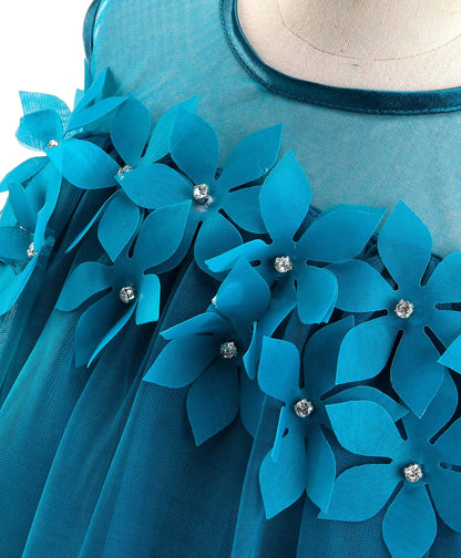 Enfance Sleeveless Flower Applique Solid Dress With Hairband-P.Blue
