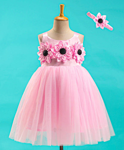 Enfance Sleeveless Flower Applique Solid Dress With Hairband-Pink