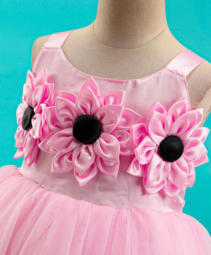 Enfance Sleeveless Flower Applique Solid Dress With Hairband-Pink