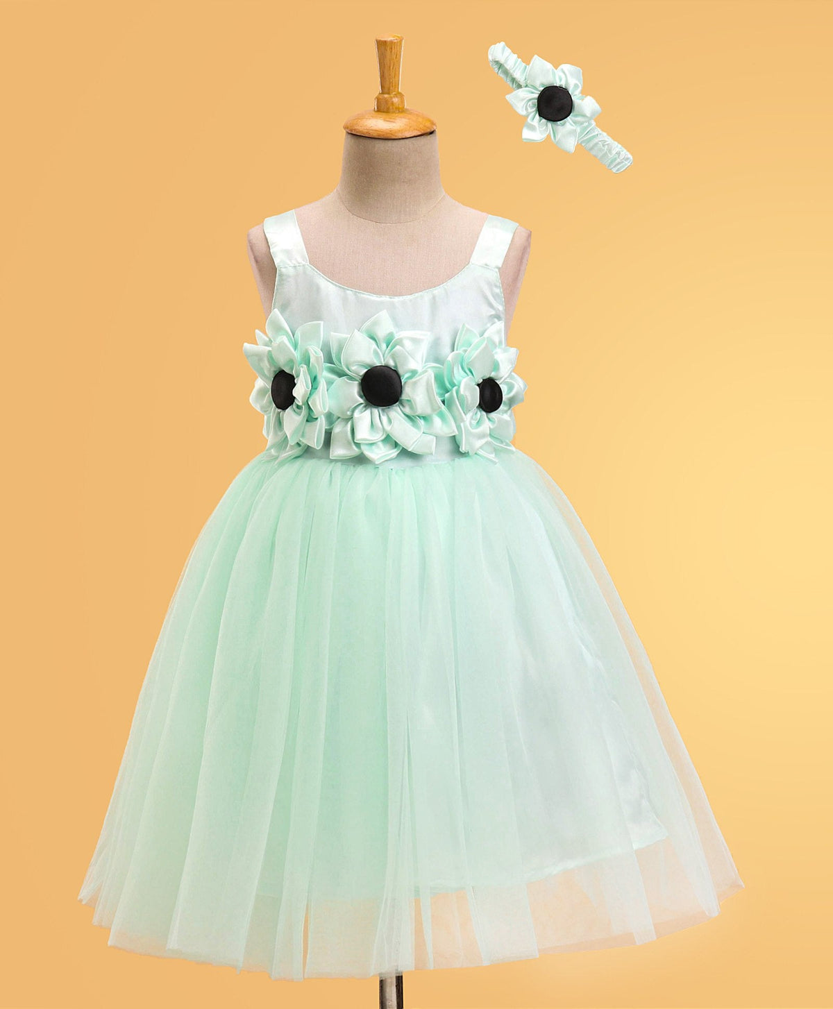 Enfance Sleeveless Flower Applique Solid Dress With Hairband-S.Green