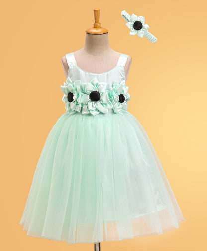 Enfance Sleeveless Flower Applique Solid Dress With Hairband-S.Green