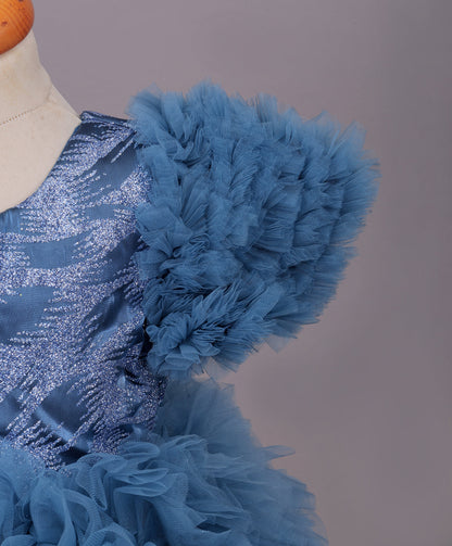 Enfance Net Frill Sleeves Floral Detailed Party Dress - T.Blue