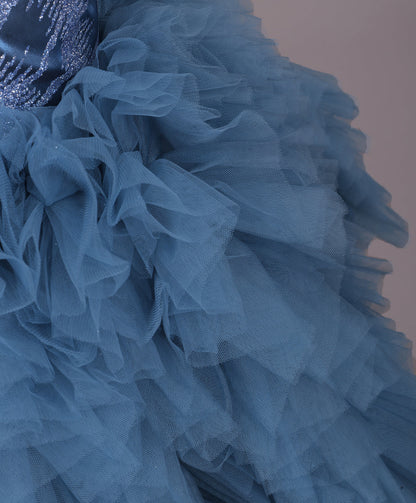 Enfance Net Frill Sleeves Floral Detailed Party Dress - T.Blue