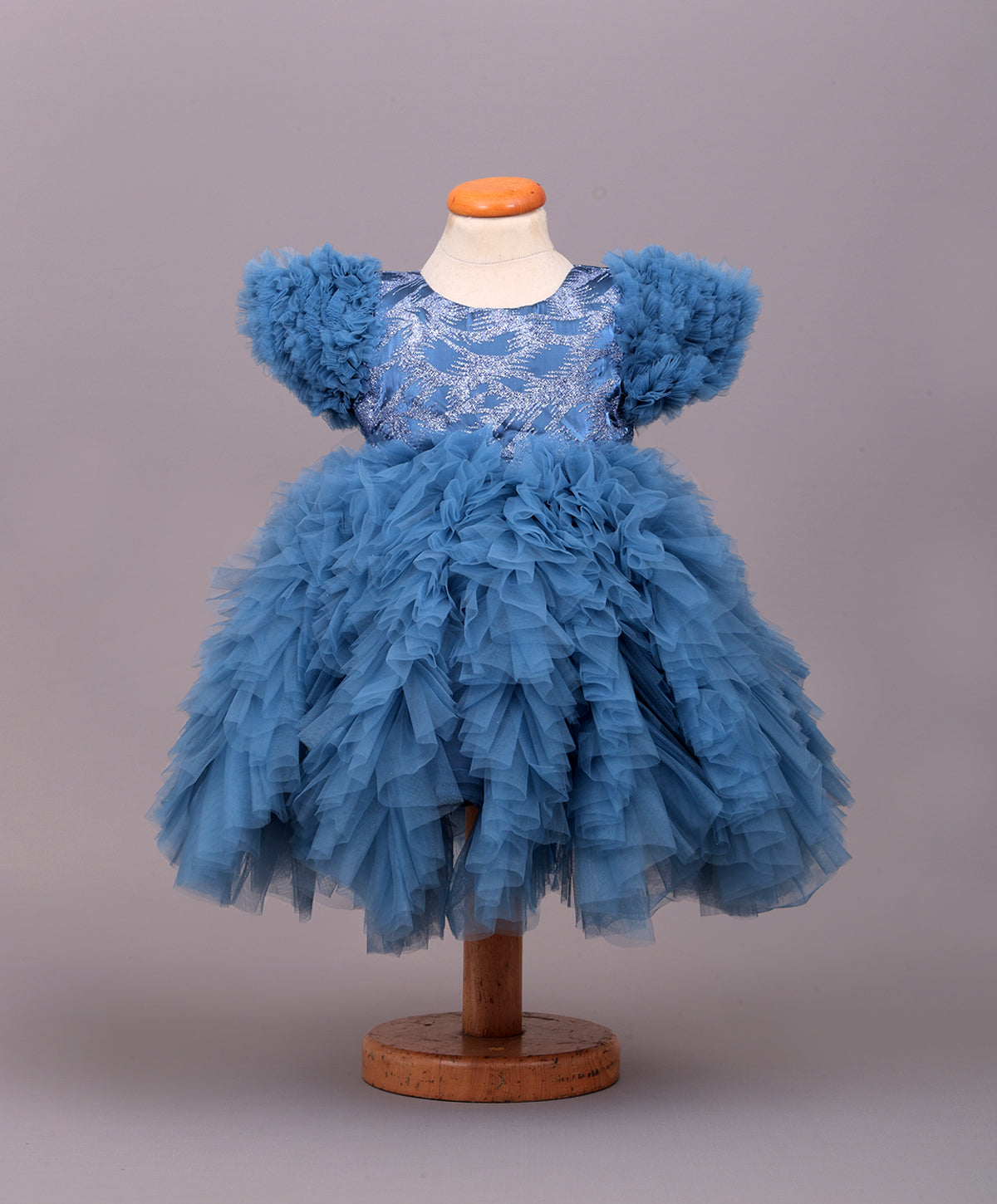 Enfance Net Frill Sleeves Floral Detailed Party Dress - T.Blue