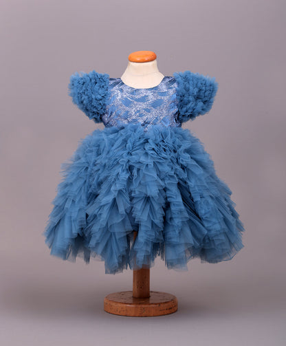Enfance Net Frill Sleeves Floral Detailed Party Dress - T.Blue