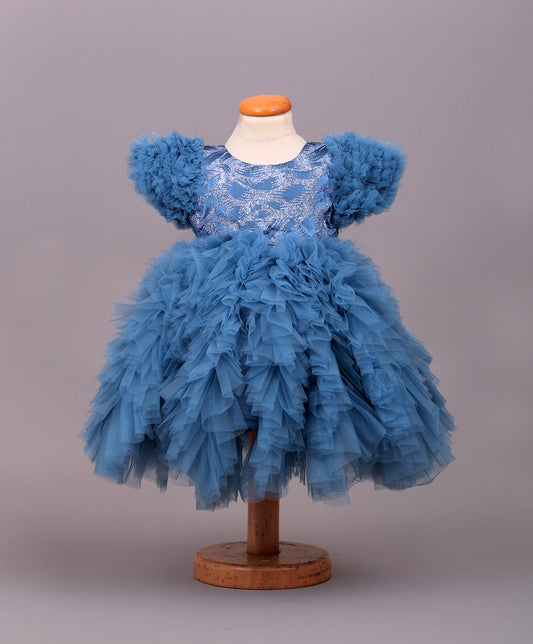 Enfance Net Frill Sleeves Floral Detailed Party Dress - T.Blue
