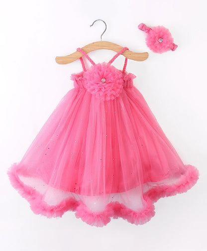 Enfance Sleeveless Flower Applique Solid Dress With Hairband-D.Pink