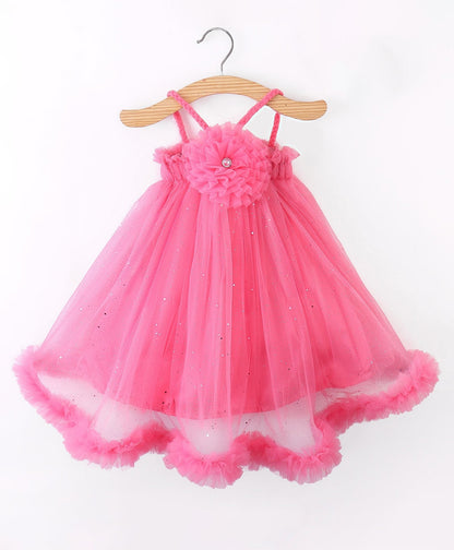 Enfance Sleeveless Flower Applique Solid Dress With Hairband-D.Pink