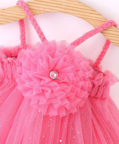 Enfance Sleeveless Flower Applique Solid Dress With Hairband-D.Pink
