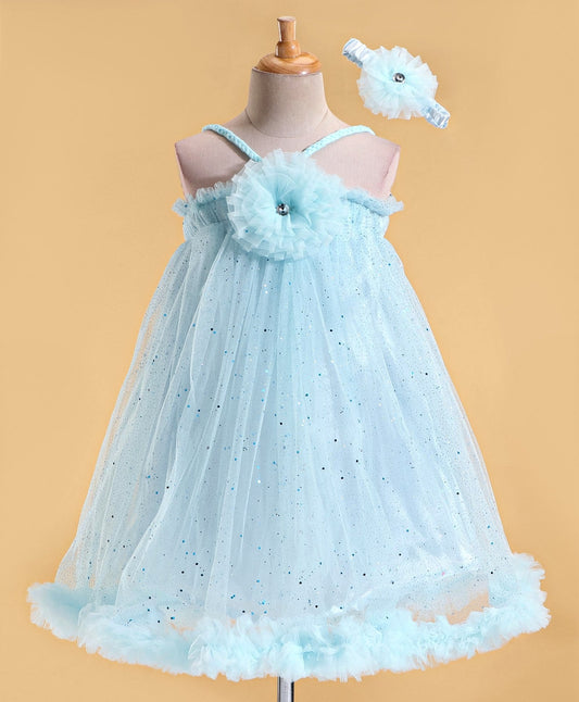 Enfance Sleeveless Flower Applique Solid Dress With Hairband-Ferozi