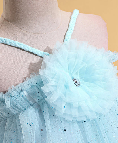 Enfance Sleeveless Flower Applique Solid Dress With Hairband-Ferozi