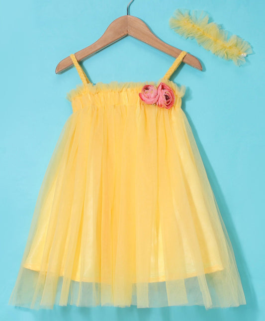 Enfance Sleeveless Flower Applique Solid Dress With Hairband -Yellow