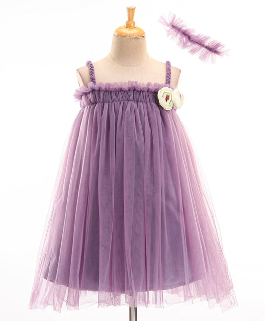 Enfance Sleeveless Flower Applique Solid Dress With Hairband -Purple