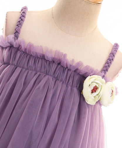 Enfance Sleeveless Flower Applique Solid Dress With Hairband -Purple