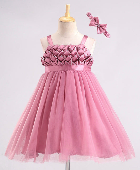 Enfance Sleeveless Flower Applique Solid Dress With Hairband -O.Pink