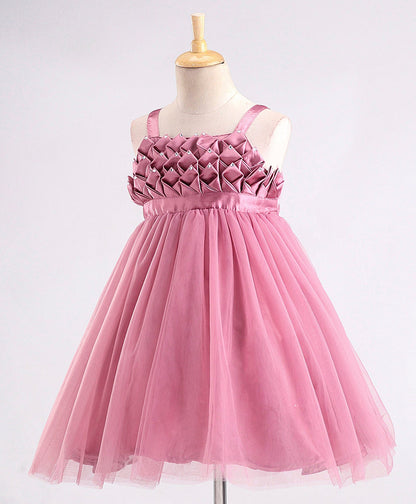 Enfance Sleeveless Flower Applique Solid Dress With Hairband -O.Pink