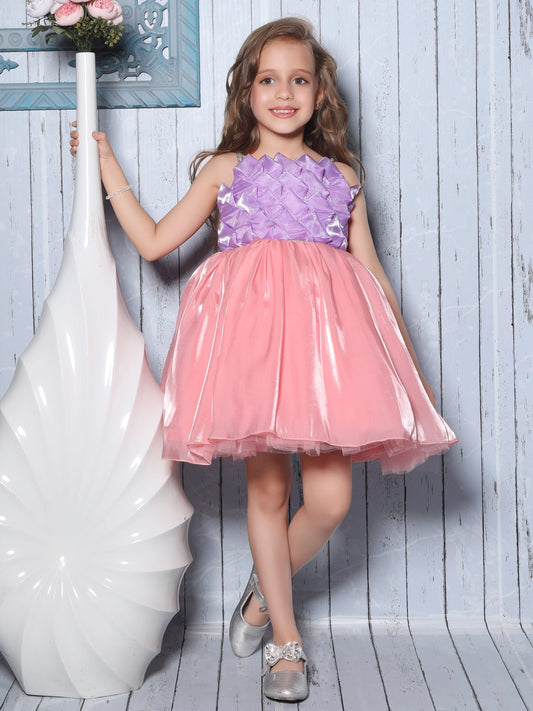 Enfance Sleeveless Floral Applique Pleated Dress - Lavender