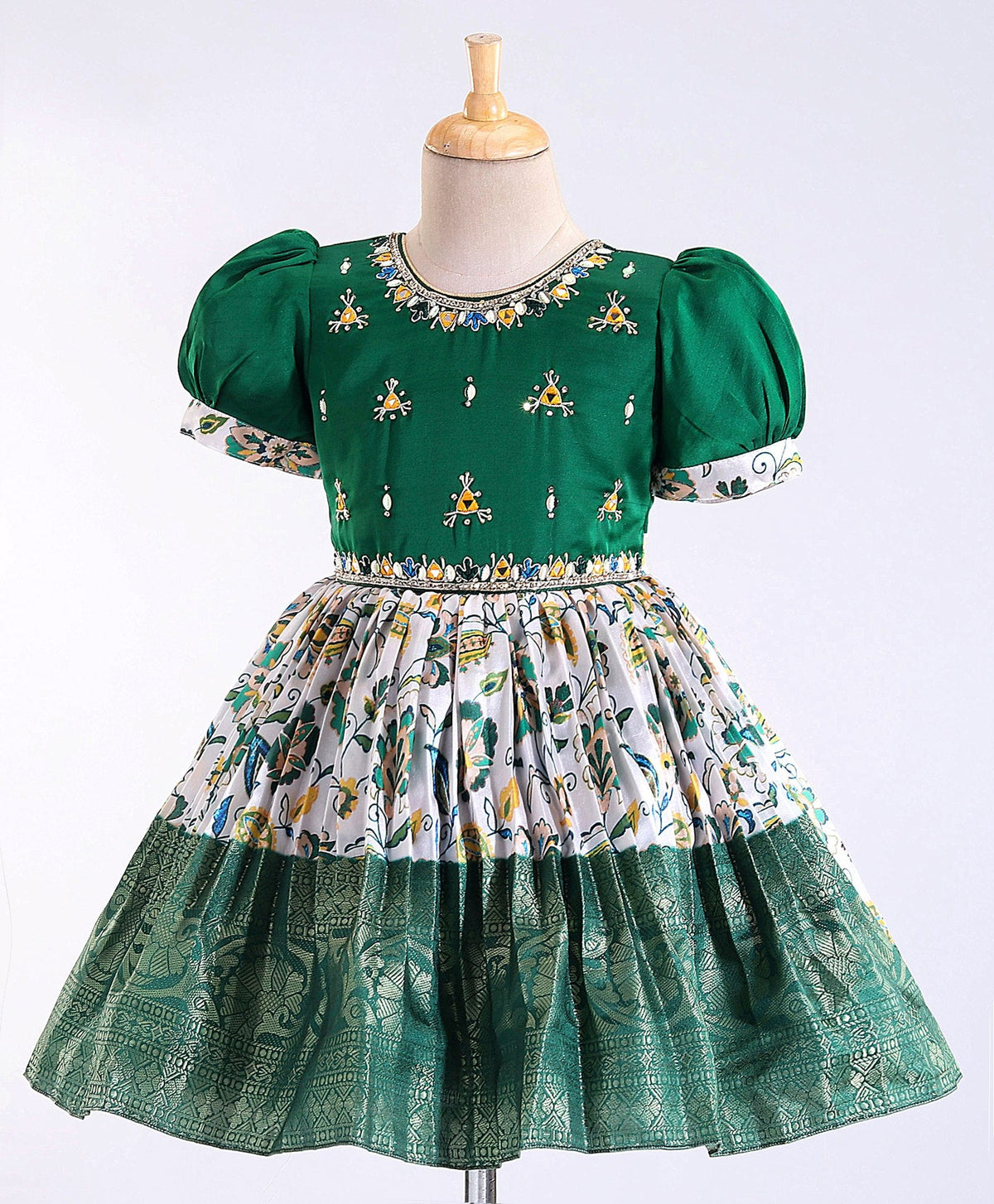 Enfance Puff Slevess Embellish Dress-B.Green