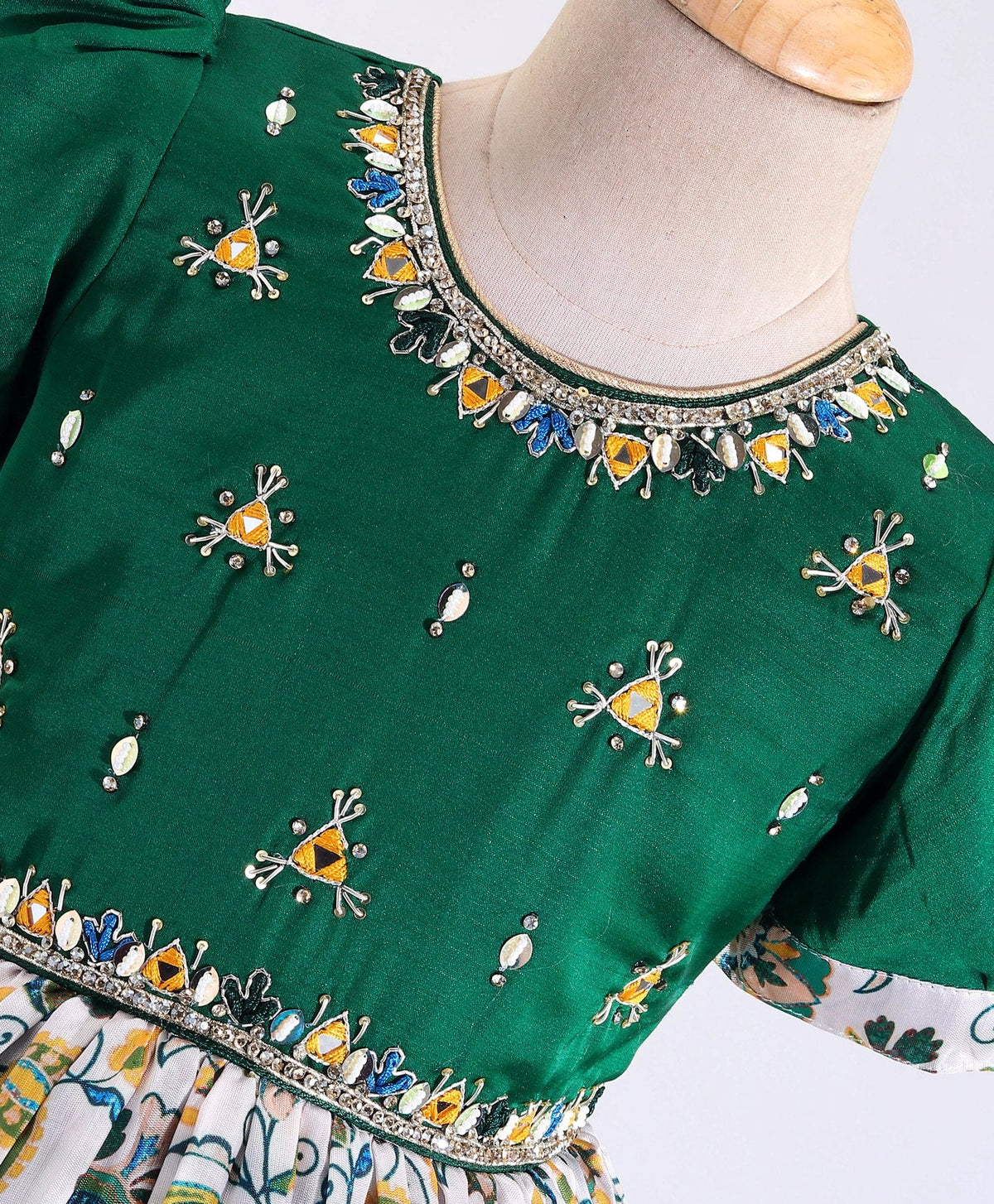 Enfance Puff Slevess Embellish Dress-B.Green