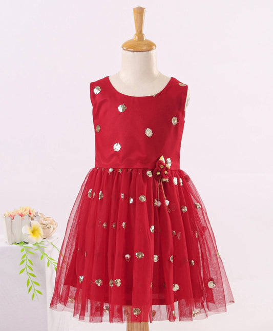 Enfance Sequins Flared Sleeveless Party Dress - Maroon