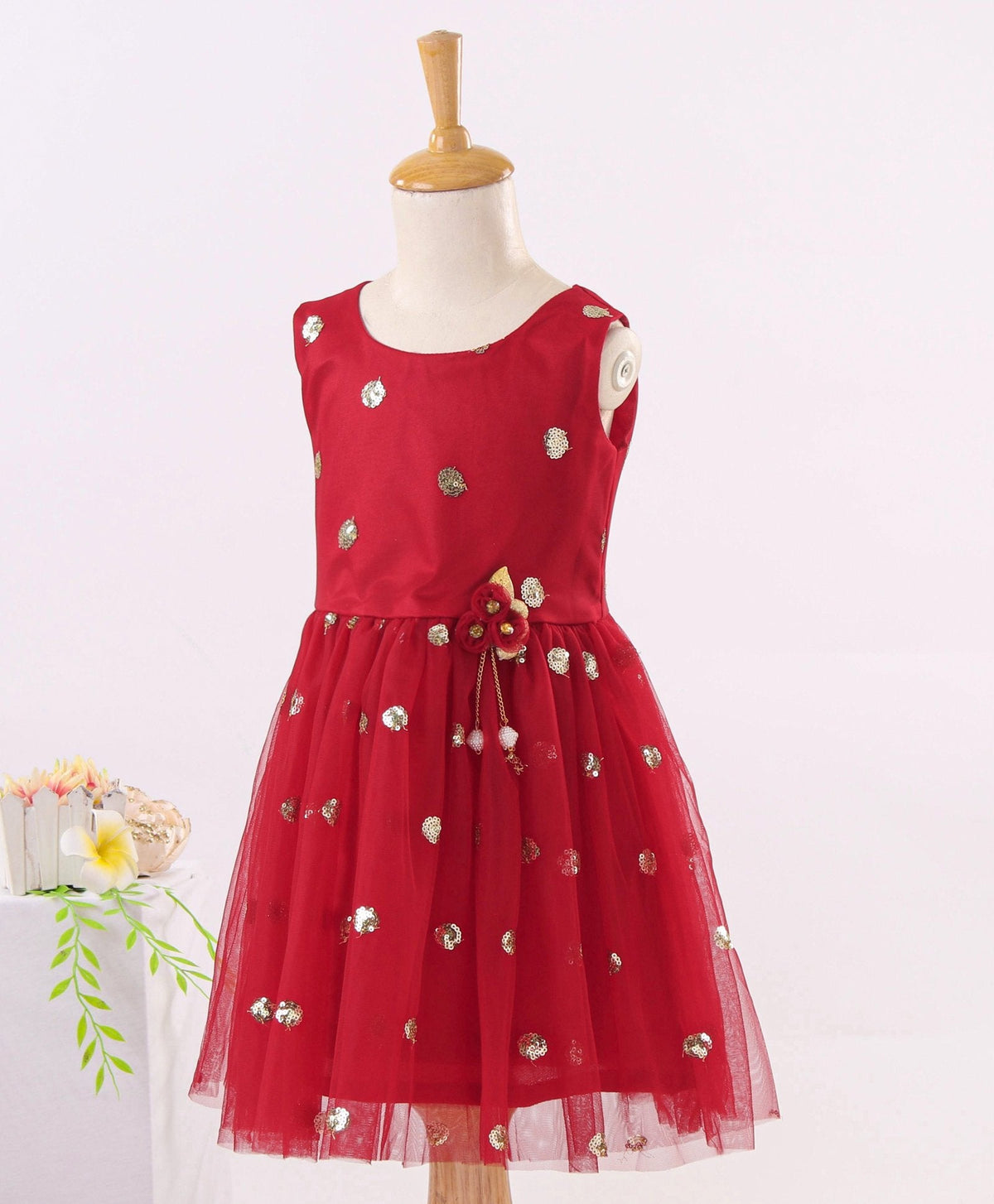 Enfance Sequins Flared Sleeveless Party Dress - Maroon