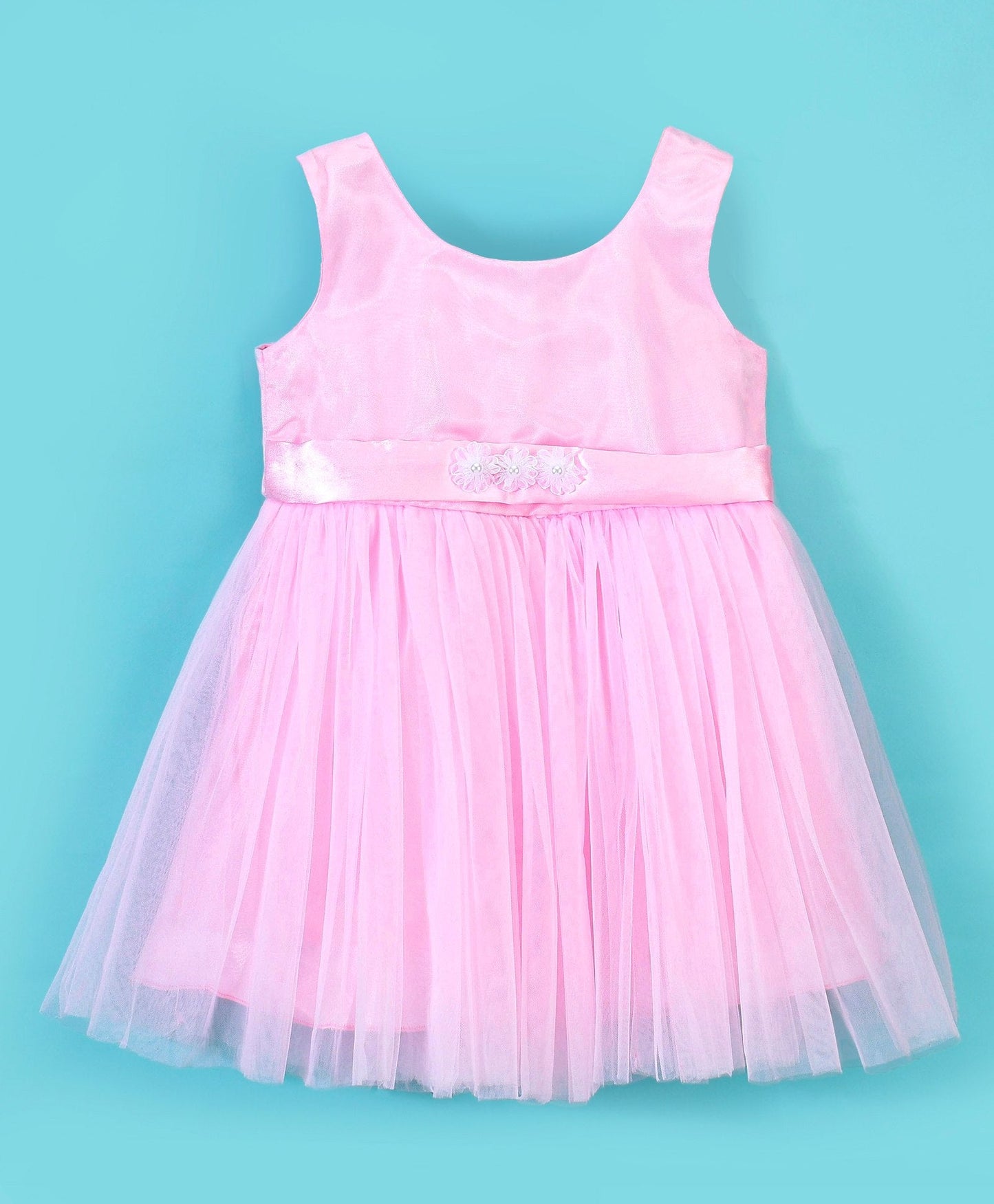 Enfance Sleeveless Flower Applique Solid Dress-Pink