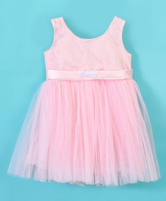 Enfance Sleeveless Flower Applique Solid Dress-Peach