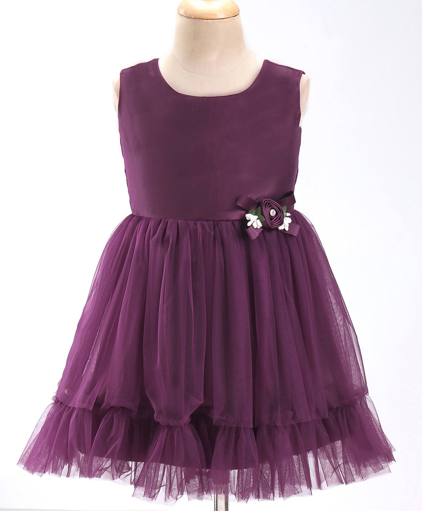 Enfance Sleeveless Flower Applique Solid Dress -Wine