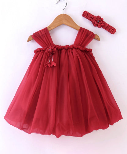 Enfance Sleeveless Flower Applique Solid Dress With Hairband -Maroon