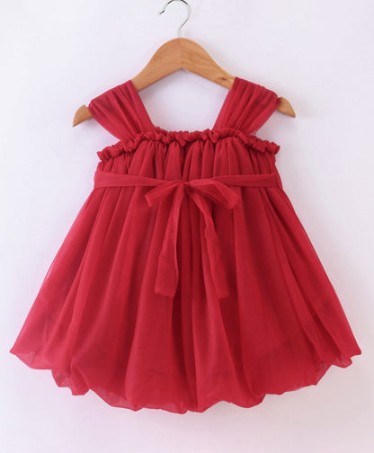 Enfance Sleeveless Flower Applique Solid Dress With Hairband -Maroon