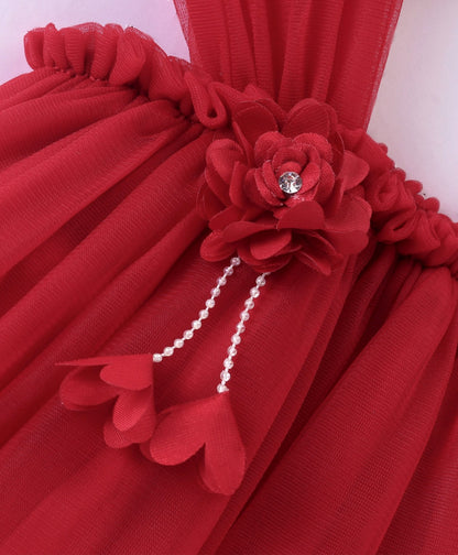 Enfance Sleeveless Flower Applique Solid Dress With Hairband -Maroon