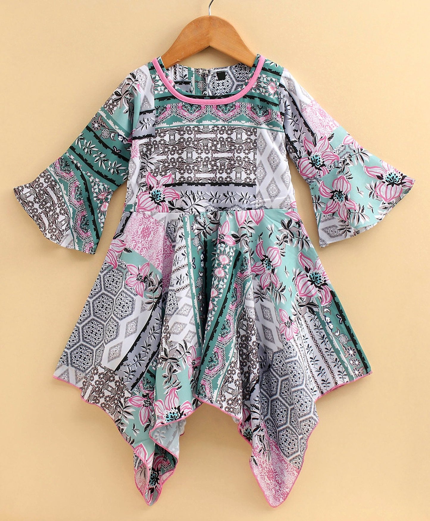Enfance Full Sleeves Flower Printed Asymmetrical Dress With  Shrug - Pink