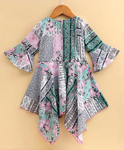 Enfance Full Sleeves Flower Printed Asymmetrical Dress With  Shrug - Pink