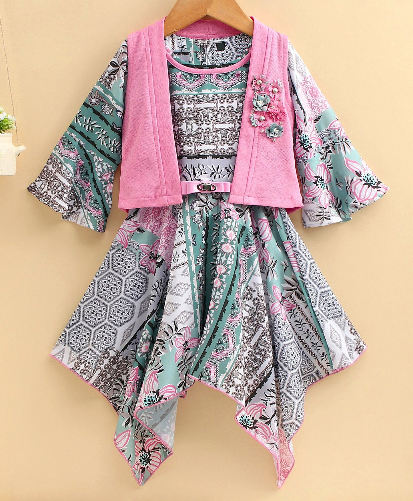 Enfance Full Sleeves Flower Printed Asymmetrical Dress With  Shrug - Pink