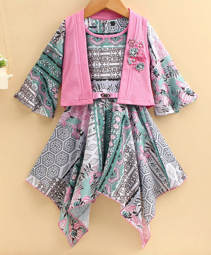 Enfance Full Sleeves Flower Printed Asymmetrical Dress With  Shrug - Pink