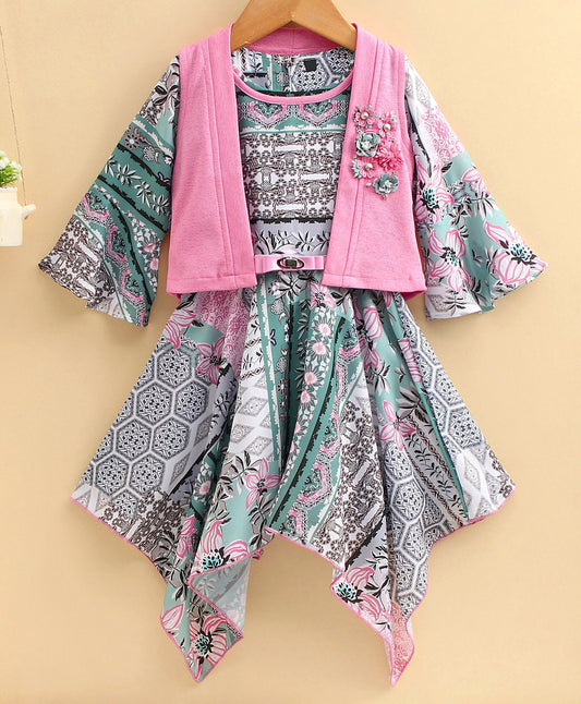 Enfance Full Sleeves Flower Printed Asymmetrical Dress With  Shrug - Pink