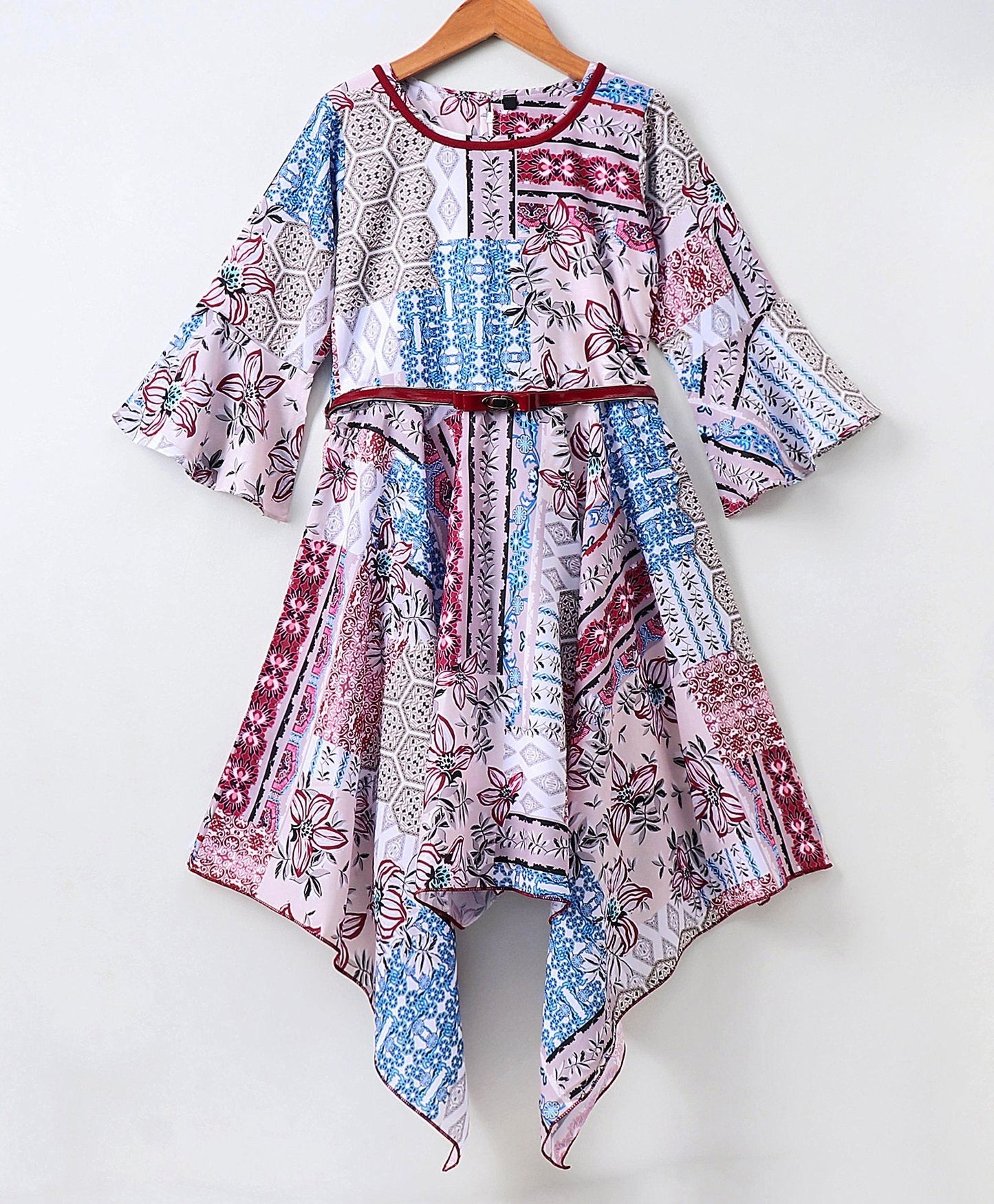 Enfance Full Sleeves Flower Printed Asymmetrical Dress With  Shrug - Maroon