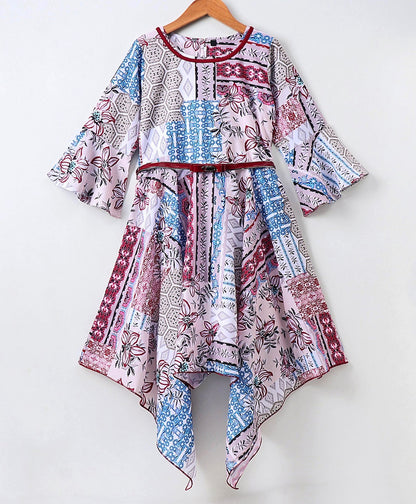 Enfance Full Sleeves Flower Printed Asymmetrical Dress With  Shrug - Maroon