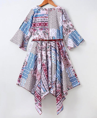 Enfance Full Sleeves Flower Printed Asymmetrical Dress With  Shrug - Maroon
