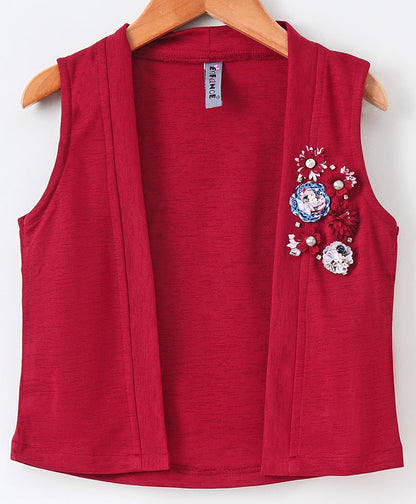 Enfance Full Sleeves Flower Printed Asymmetrical Dress With  Shrug - Maroon