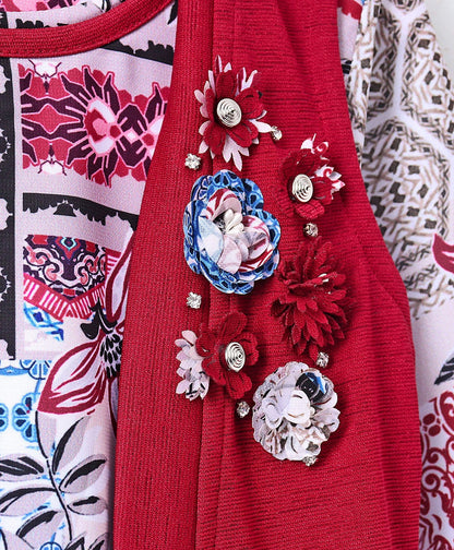 Enfance Full Sleeves Flower Printed Asymmetrical Dress With  Shrug - Maroon