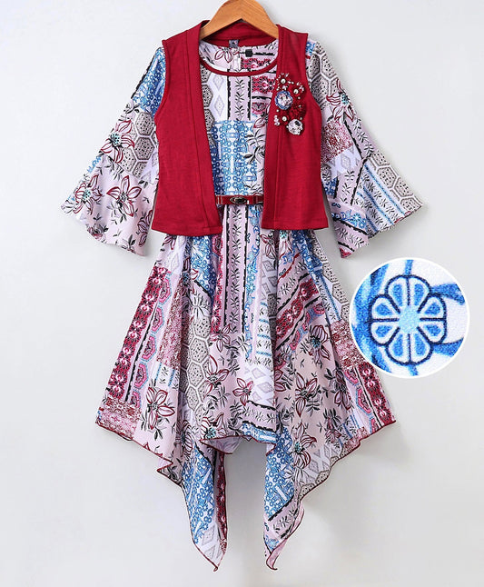 Enfance Full Sleeves Flower Printed Asymmetrical Dress With  Shrug - Maroon