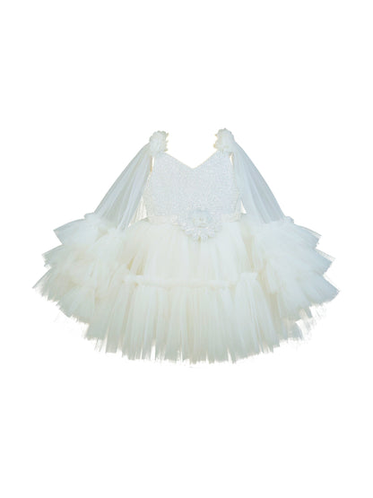 Enfance Sleeveless Party Frock With Sequin & Frill Detailing - White
