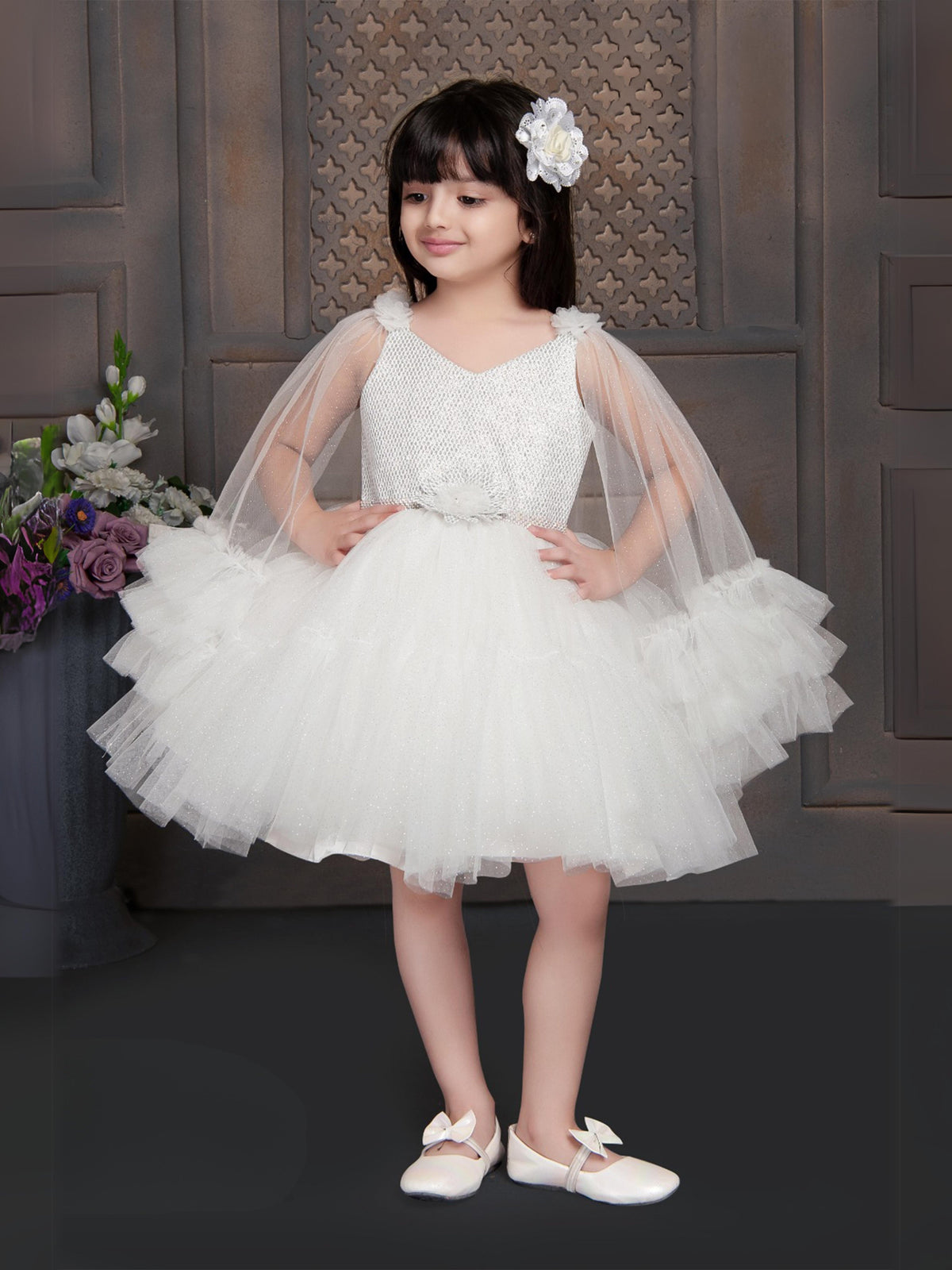 Enfance Sleeveless Party Frock With Sequin & Frill Detailing - White