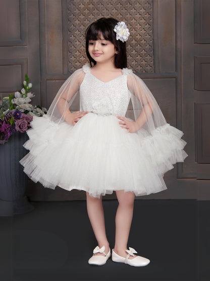 Enfance Sleeveless Party Frock With Sequin & Frill Detailing - White