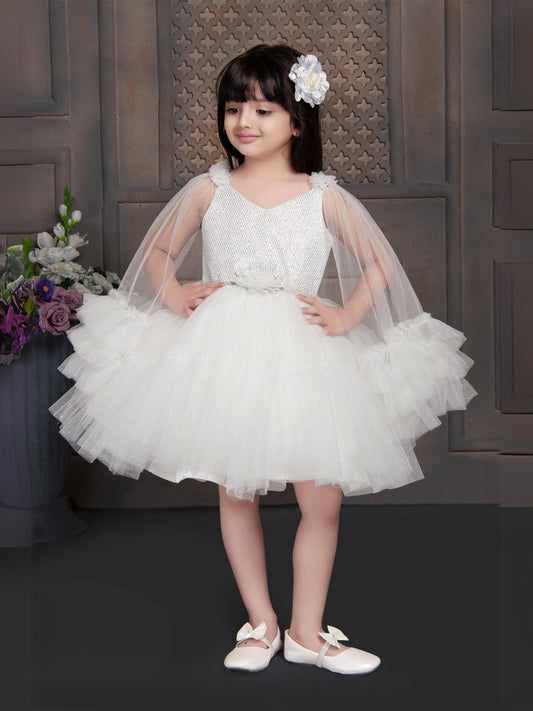 Enfance Sleeveless Party Frock With Sequin & Frill Detailing - White